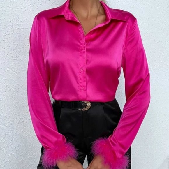 Feather Fuzzy Cuffed Button Down Satin Blouse Top pink - Picture 3 of 6